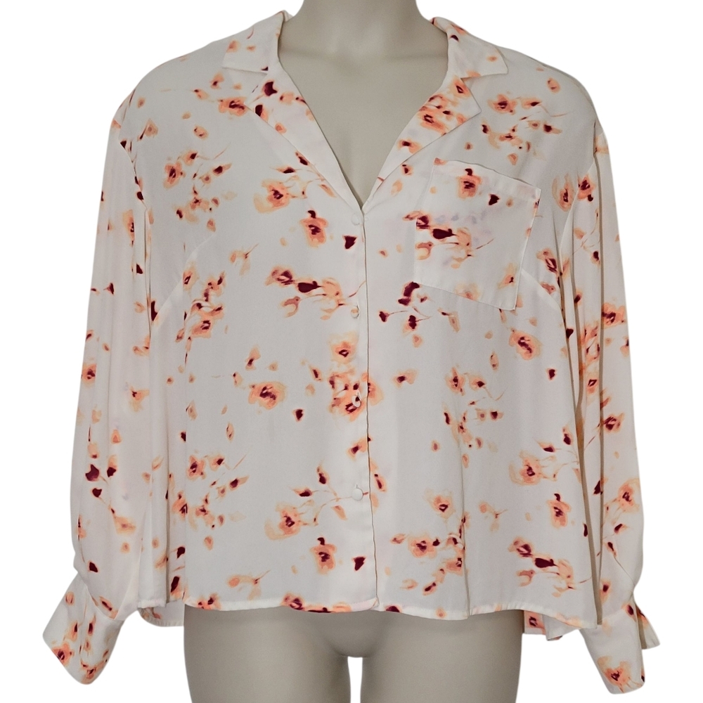 Worthington White Floral Print Button-Down Long Sleeve Blouse Plus Size 0x